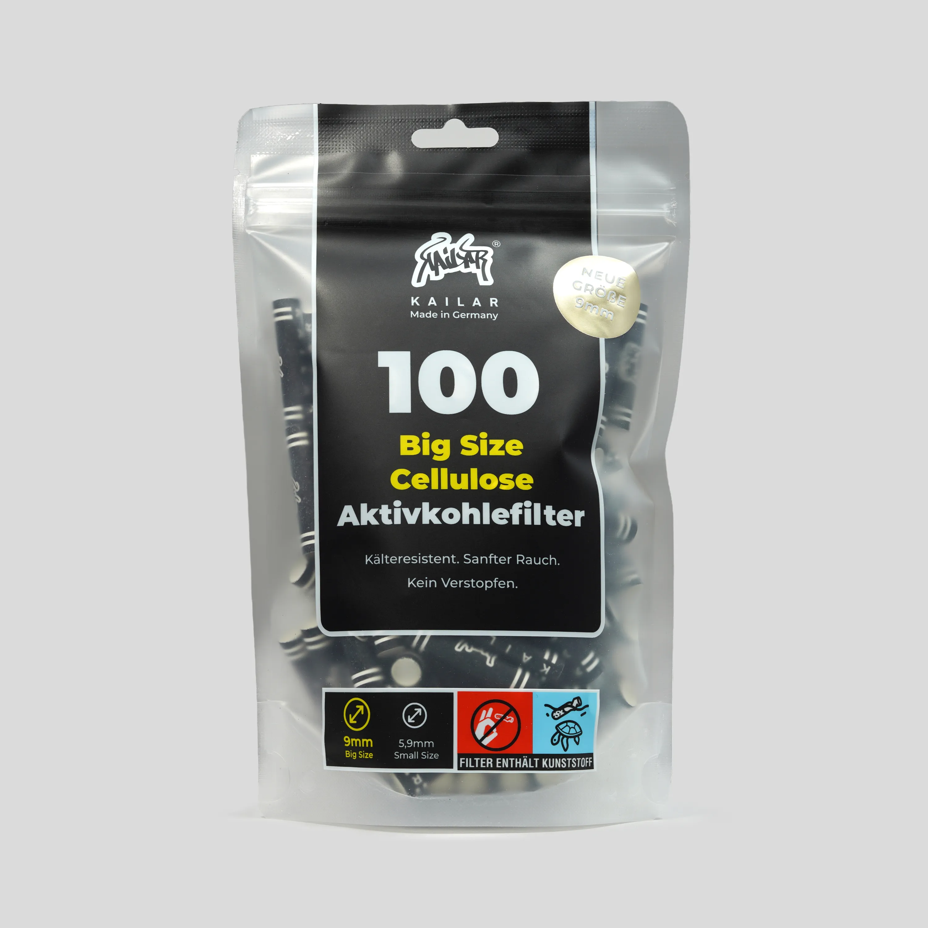 100 Kailar Big Size 9mm Cellulose Aktivkohlefilter 